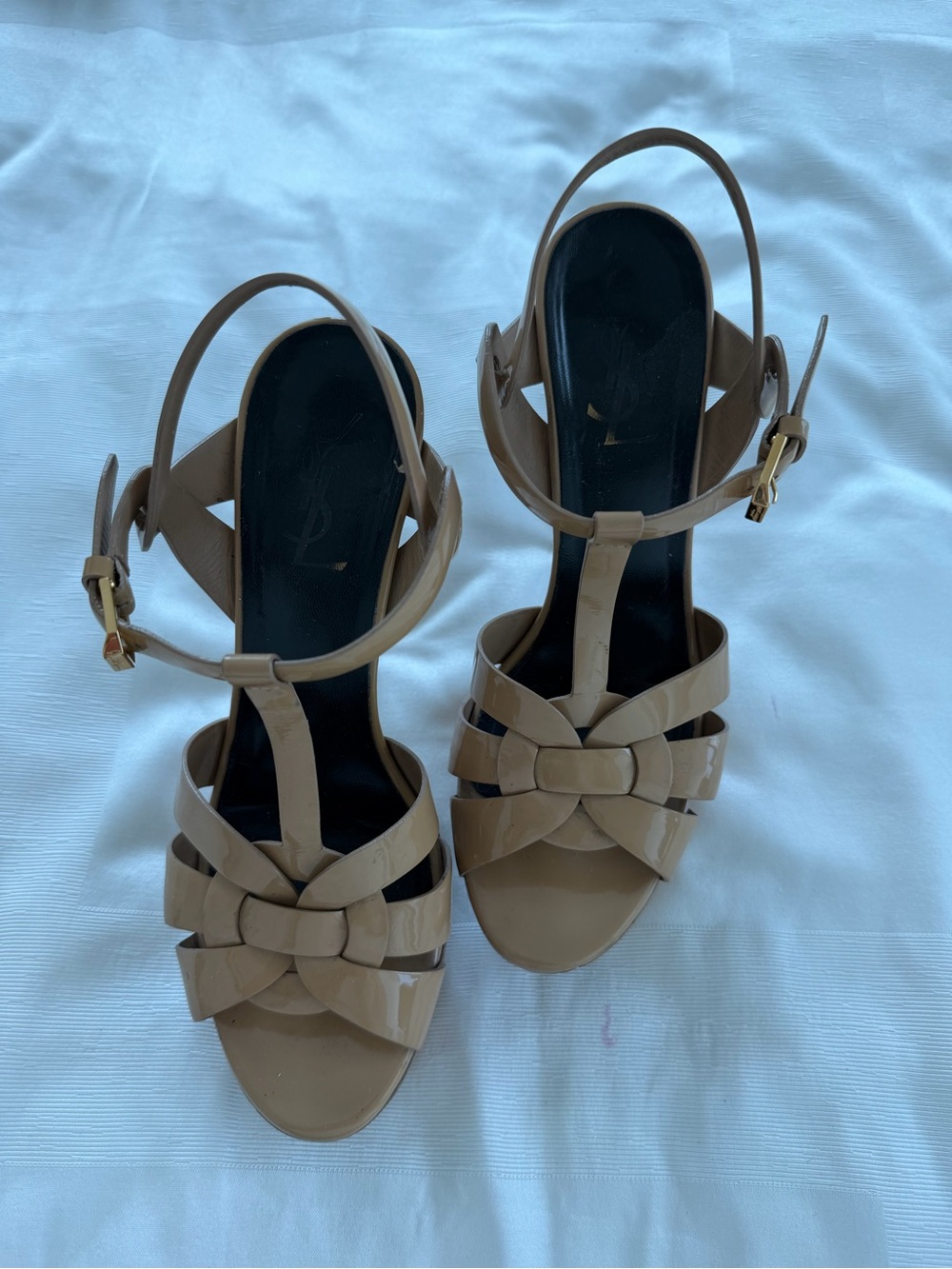 YSL Patent Leather Tan Slingback Sandals